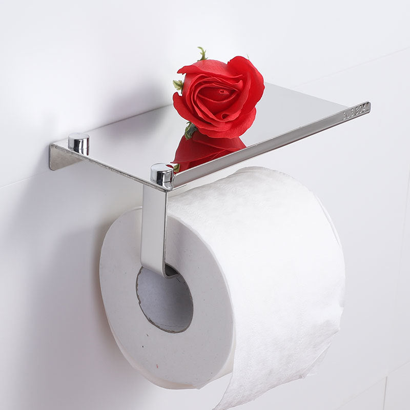 Stainless Steel Toilet Paper Holder with Phone Shelf – Bathroom Wall Storage Accessory