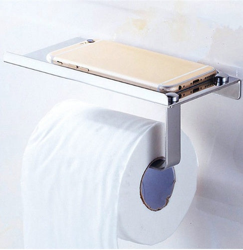 Stainless Steel Toilet Paper Holder with Phone Shelf – Bathroom Wall Storage Accessory