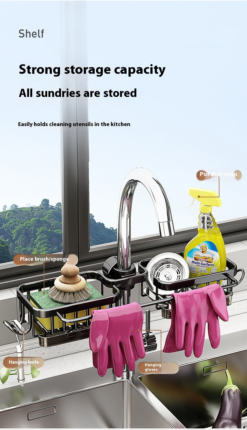 Over-the-Sink Faucet Storage Rack – Aluminum Drain Basket Organizer for Kitchen & Bathroom