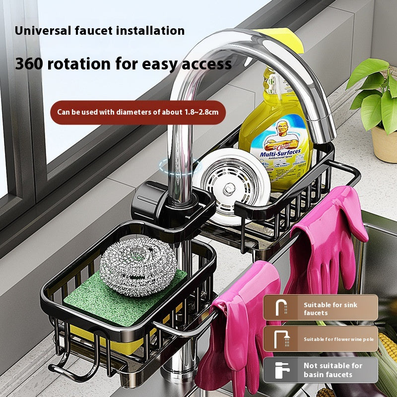 Over-the-Sink Faucet Storage Rack – Aluminum Drain Basket Organizer for Kitchen & Bathroom